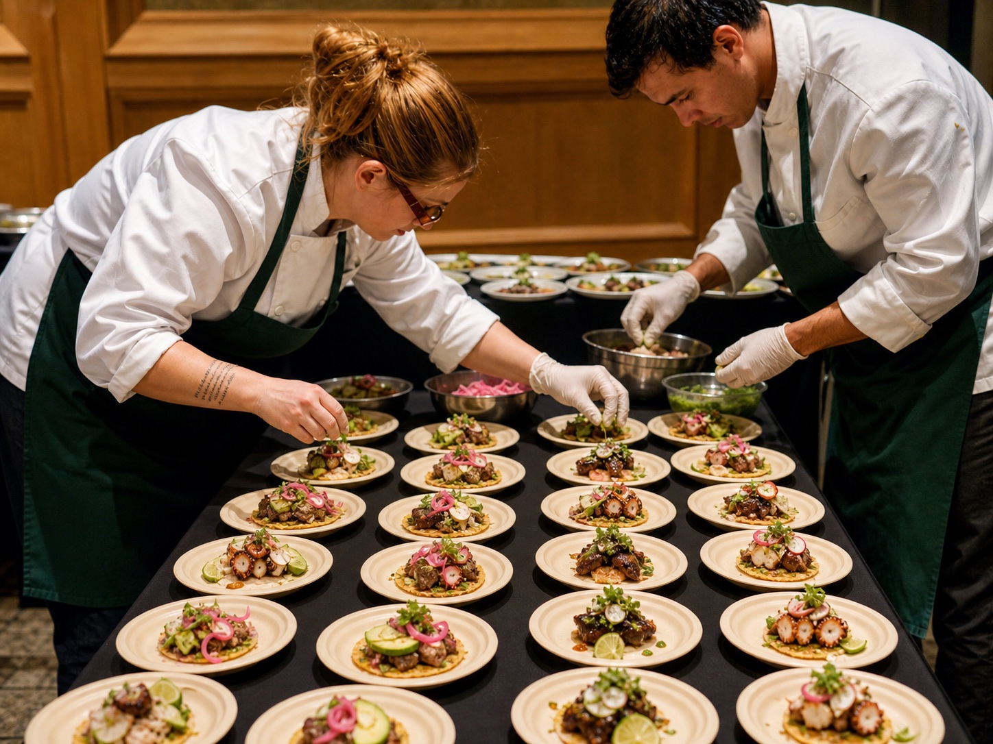 Two catering chefs plating dozens of elegant Miel and BLU-inspired passed bites