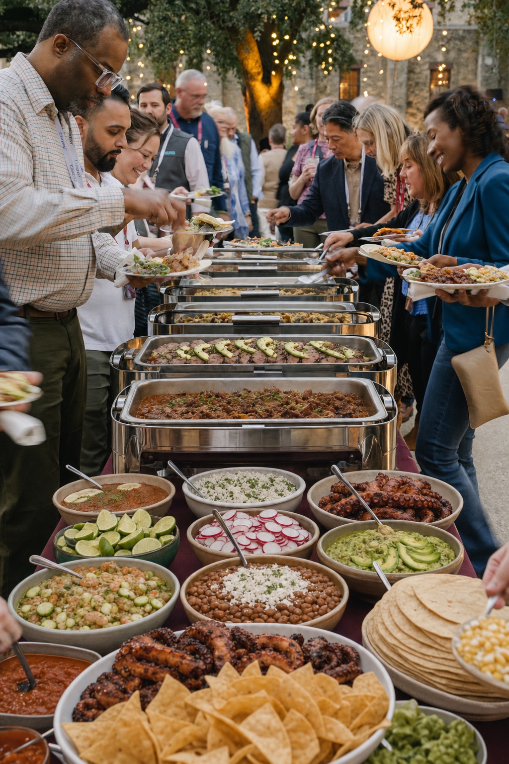 Corporate guests serving themselves from a full catering buffet