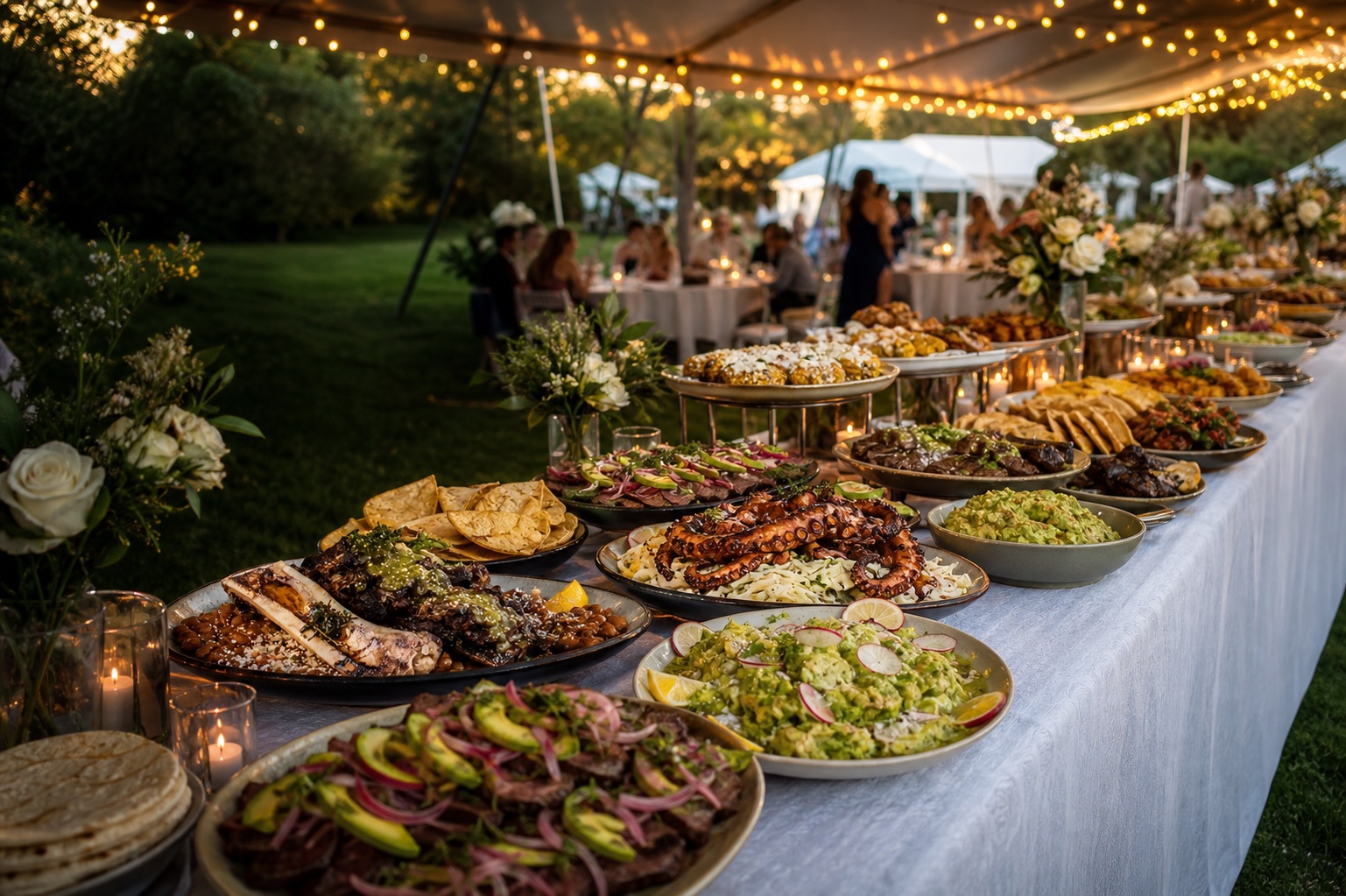 Elegant outdoor wedding buffet filled with Miel and BLU-inspired catering dishes